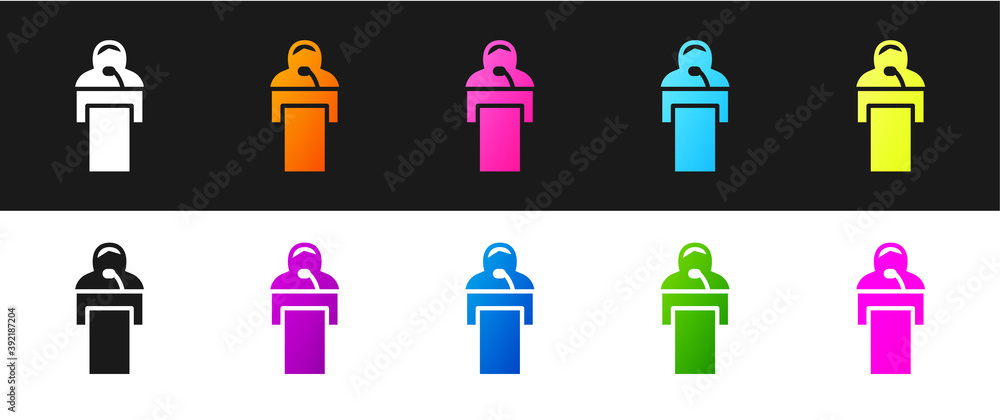 Poster set gives lecture icon isolated on black and white background. stand near podium. speak into microph