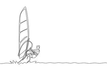 One continuous line drawing of young energetic man fun play windsurfing in the sea ocean. Healthy lifestyle sport concept. Happy tourist vacation. Dynamic single line draw design vector illustration