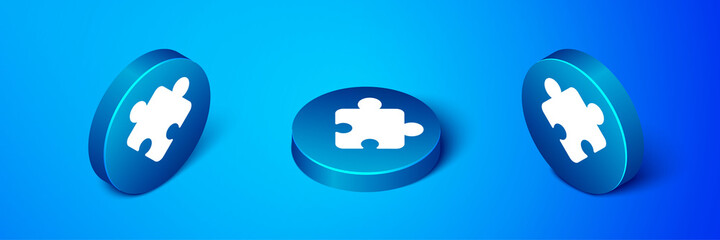 Isometric Puzzle pieces toy icon isolated on blue background. Blue circle button. Vector.