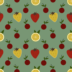 Strawberry, lemon slices,cherry illustration seamless pattern with blue background.Great for wrapiing paper,scrapbooking,textile,fabric,greting card.