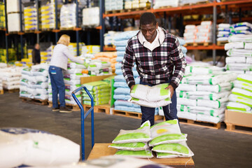Confident African American warehouse cheerful positive glad worker loading sacks on trolley cart.