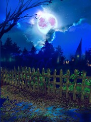 Creepy moon and purple clouds in halloween night background	