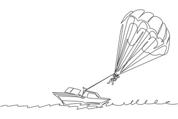 One single line drawing of young sporty man flying with parasailing parachute on the sky pulled by a boat vector graphic illustration. Extreme sport concept. Modern continuous line draw design