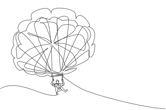 Single continuous line drawing of young tourist man flying with parasailing parachute on sky pulled by a boat. Extreme vacation holiday sport concept. Trendy one line draw design vector illustration