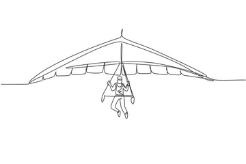 Single continuous line drawing of young tourist man flying with hang gliding parachute on the sky. Extreme vacation holiday sport concept. Trendy one line draw design graphic vector illustration
