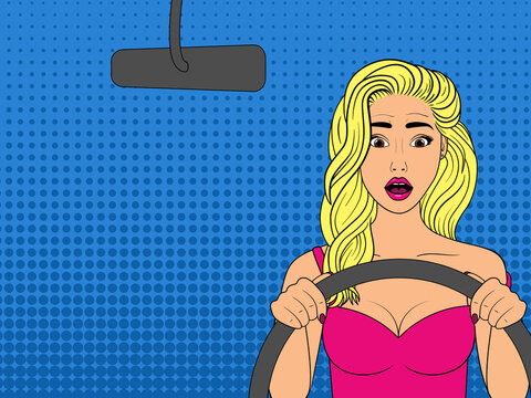 Sexy blonde woman driver. Surprised girl with open mouth. Pop Art vintage vector illustration