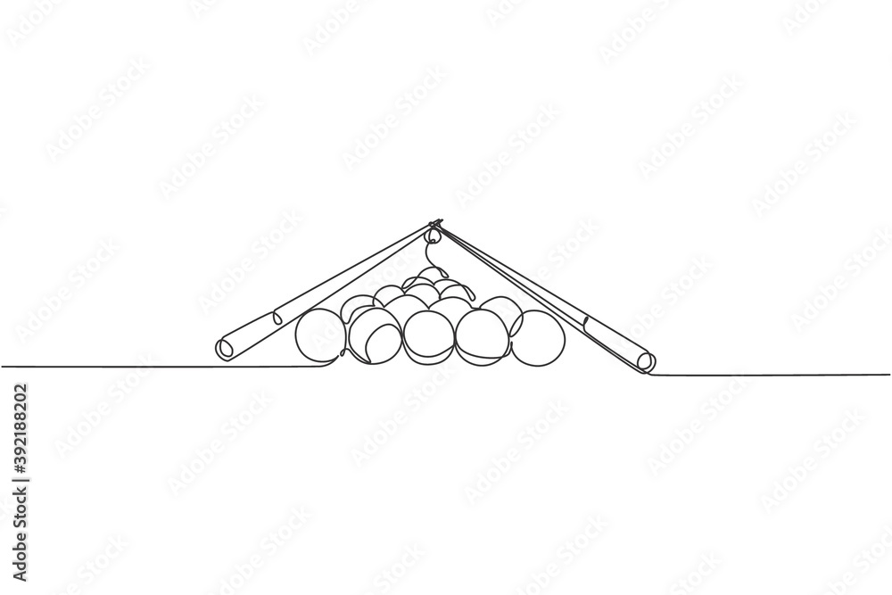 Poster single continuous line drawing of triangle pyramid balls stack for pool billiards game at billiard r