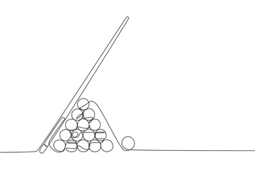 One continuous line drawing of triangle pyramid balls stack for pool billiards game at billiard room. Tournament indoor sport game concept. Dynamic single line draw graphic design vector illustration