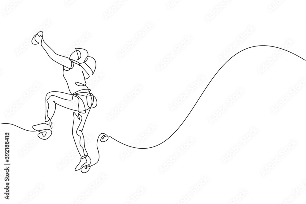 Wall mural Single continuous line drawing of young muscular climber woman climbing hanging on mountain grip. Outdoor active lifestyle and rock climbing concept. Trendy one line draw design vector illustration