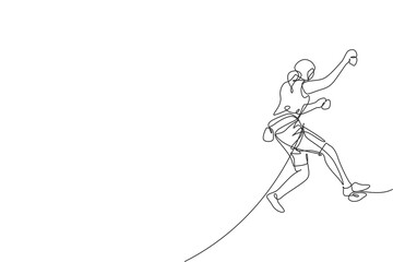 One single line drawing young active woman climbing on cliff mountain holding safety rope vector graphic illustration. Extreme outdoor sport and bouldering concept. Modern continuous line draw design