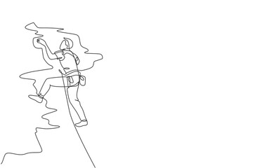 One continuous line drawing of young bravery climber man practice overhanging rock cliff mountain with safety rope. Dangerous extreme sport concept. Dynamic single line draw design vector illustration