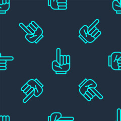 Obraz premium Green line Number 1 one fan hand glove with finger raised icon isolated seamless pattern on blue background. Symbol of team support in competitions. Vector Illustration.