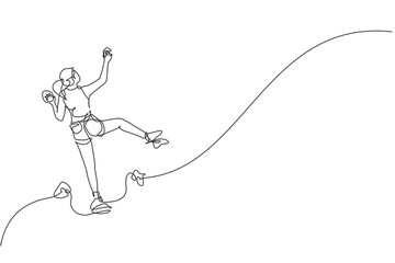 Single continuous line drawing of young slim muscular rockclimber woman climbing hanging on grip. Outdoor active lifestyle and rock climbing concept. Trendy one line draw design vector illustration