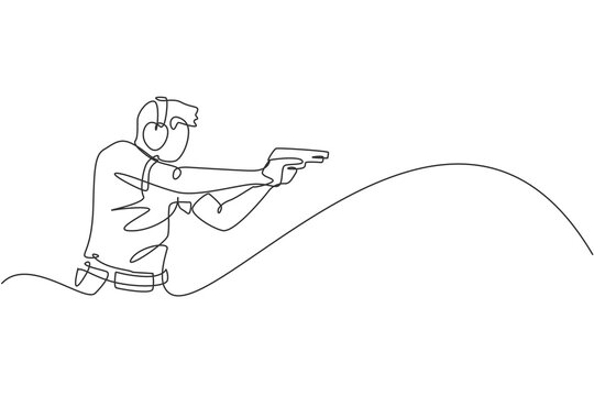 recommend clip art: One single line drawing of young man practicing to shot target in range on shooting training ground vector graphic illustration. Clay pigeon shooting sport concept. Modern continuous line draw design