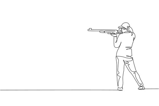 One single line drawing young woman practicing to shot target in range on shooting training ground vector graphic illustration. Clay pigeon shooting sport concept. Modern continuous line draw design