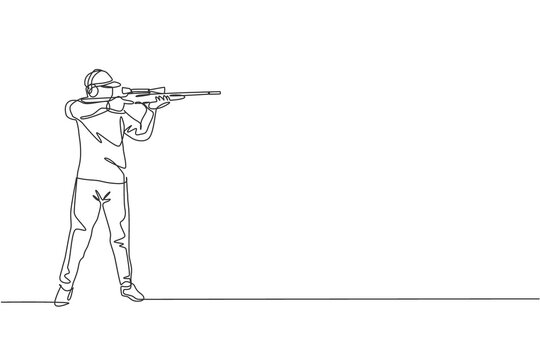 recommend clip art: One single line drawing of young man practicing to shot target in range on shooting training ground vector illustration graphic. Clay pigeon shooting sport concept. Modern continuous line draw design