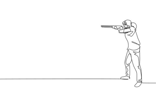 One single line drawing young woman practicing to shot target in range on shooting training ground graphic vector illustration. Clay pigeon shooting sport concept. Modern continuous line draw design