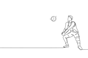 One continuous line drawing of young male professional volleyball player in action on court. Healthy competitive team sport concept. Dynamic single line draw design vector graphic illustration