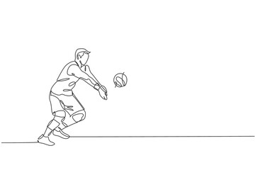 Single continuous line drawing of male young volleyball athlete player in action block opponent spike on court. Team sport concept. Competition game. Trendy one line draw design vector illustration