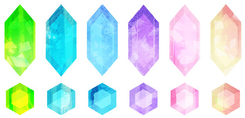 水彩風　カラフルな宝石の装飾イラストセット