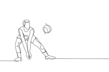 Single continuous line drawing of male young volleyball athlete player in action block the ball from opponent. Team sport concept. Competition game. Trendy one line draw design vector illustration