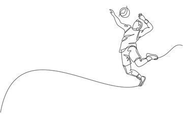 One continuous line drawing of young male professional volleyball player in action jumping spike on court. Healthy competitive team sport concept. Dynamic single line draw design vector illustration