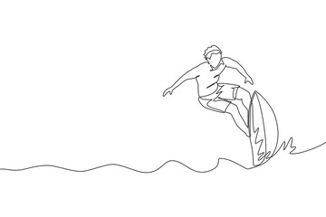 One single line drawing of young sporty surfer man riding on big waves in surfing beach paradise vector graphic illustration. Extreme water sport lifestyle concept. Modern continuous line draw design
