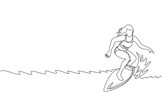 One single line drawing young sporty surfer woman with bikini riding on big waves in surfing beach paradise vector illustration graphic. Extreme water sport concept. Modern continuous line draw design