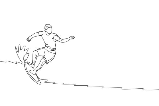 One single line drawing of young sporty surfer man riding on big waves in surfing beach paradise vector illustration graphic. Extreme water sport concept. Modern continuous line draw design
