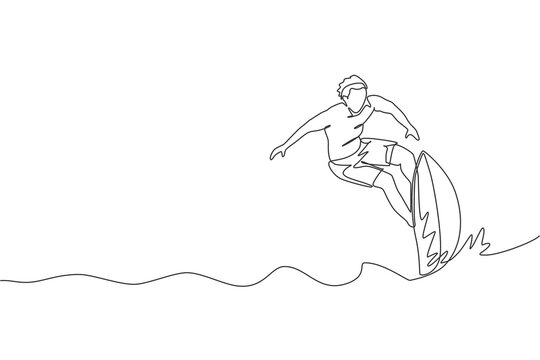 One single line drawing of young sporty surfer man riding on big waves in surfing beach paradise vector graphic illustration. Extreme water sport lifestyle concept. Modern continuous line draw design