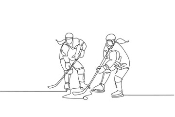 One single line drawing of young two ice hockey player in action to win the puck at competitive game on ice rink stadium vector illustration. Sport tournament concept. Continuous line draw design