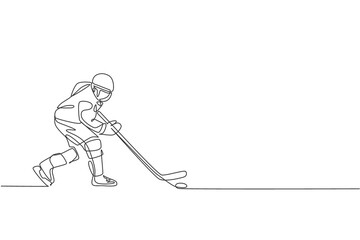One continuous line drawing of young professional ice hockey player exercising and practicing on ice rink stadium. Healthy extreme sport concept. Dynamic single line draw design vector illustration