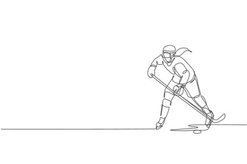 One single line drawing of young ice hockey player in action to play a competitive game on ice rink stadium vector illustration graphic. Sport tournament concept. Modern continuous line draw design