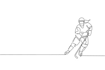 Single continuous line drawing of young professional ice hockey player hit the puck and attack on ice rink arena. Extreme winter sport concept. Trendy one line draw graphic design vector illustration