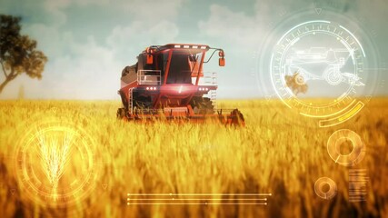 self driving grain harvester combine working on the wheat field - industrial 3D 4K 60 fps animation with digital overlays - Powered by Adobe