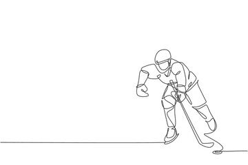 Fototapeta na wymiar Single continuous line drawing of young professional ice hockey player hit the puck and attack on ice rink arena. Extreme winter sport concept. Trendy one line draw design vector graphic illustration