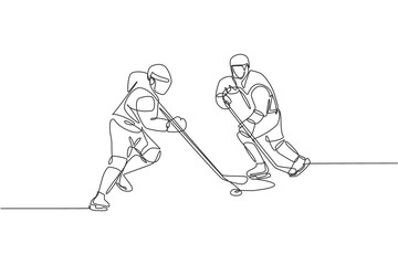Fototapeta na wymiar One single line drawing of two young ice hockey player in action to play competitive game on ice rink stadium vector graphic illustration. Sport tournament concept. Modern continuous line draw design