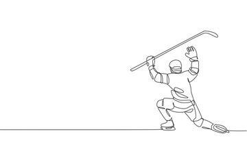 Single continuous line drawing of young professional ice hockey goalie block the puck shot and defense on ice rink arena. Extreme winter sport concept. Trendy one line draw design vector illustration