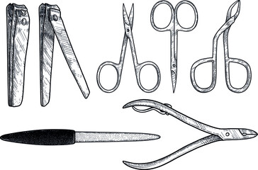 Manicure and pedicure tools illustration, drawing, engraving, ink, line art, vector