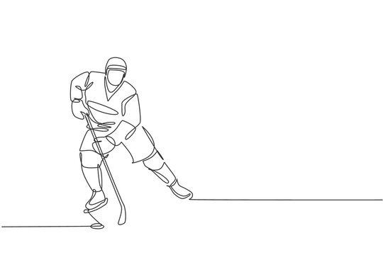 recommend clip art: One continuous line drawing of young professional ice hockey player exercising and practicing on ice rink stadium. Healthy extreme sport concept. Dynamic single line draw design vector illustration