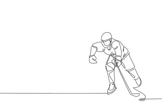 Single Continuous Line Drawing Of Young Professional Ice Hockey Player Hit The Puck And Attack On Ice Rink Arena. Extreme Winter Sport Concept. Trendy One Line Draw Design Vector Graphic Illustration