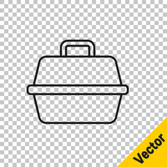 Black line Pet carry case icon isolated on transparent background. Carrier for animals, dog and cat. Container for animals. Animal transport box. Vector.