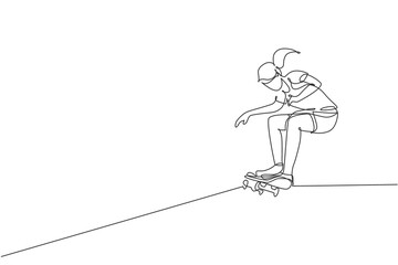 Fototapeta na wymiar Single continuous line drawing young cool skateboarder woman riding skate and performing trick in skate park. Practicing outdoor sport concept. Trendy one line draw design graphic vector illustration