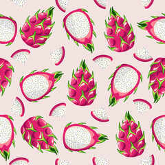Vector seamless Dragon fruit pattern. Pitaya on a light background. Bright juicy tropical fruits. Design for printing, Wallpaper, fabric, textiles, banner