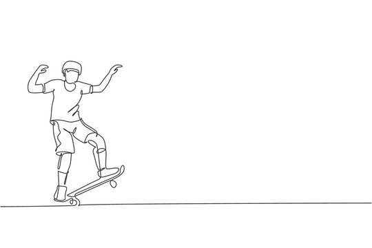 recommend clip art: One single line drawing of young skateboarder man exercise riding skateboard in city street vector illustration. Teen lifestyle and extreme outdoor sport concept. Modern continuous line draw design