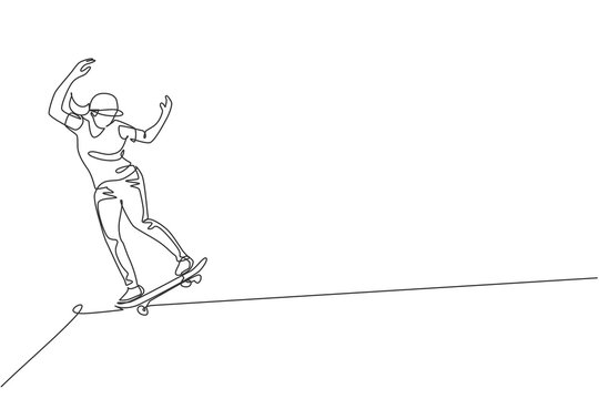 One continuous line drawing young cool skateboarder man riding skateboard doing a slide trick in skatepark. Extreme teenager sport concept. Dynamic single line draw design vector graphic illustration