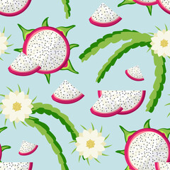 Vector seamless pitaya pattern. Dragon fruit on a light background. Bright juicy tropical fruits, leaves, flowers. Design for printing, Wallpaper, fabric, textiles, banner