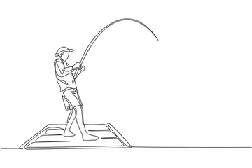  One single line drawing of young happy fisher man standing and flyfishing at the wooden dock pier vector illustration. Holiday traveling for fishing hobby concept. Modern continuous line draw design © Simple Line