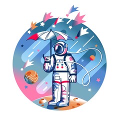 Funny astronaut standing with umbrella in space. Man on planet surface in spacesuit, comets flying. Space exploration fun entertainment vector illustration. Cosmonaut in universe