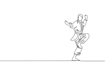 One single line drawing of young sporty karateka man in fight uniform with belt exercising martial art at gym vector illustration. Healthy sport lifestyle concept. Modern continuous line draw design © Simple Line